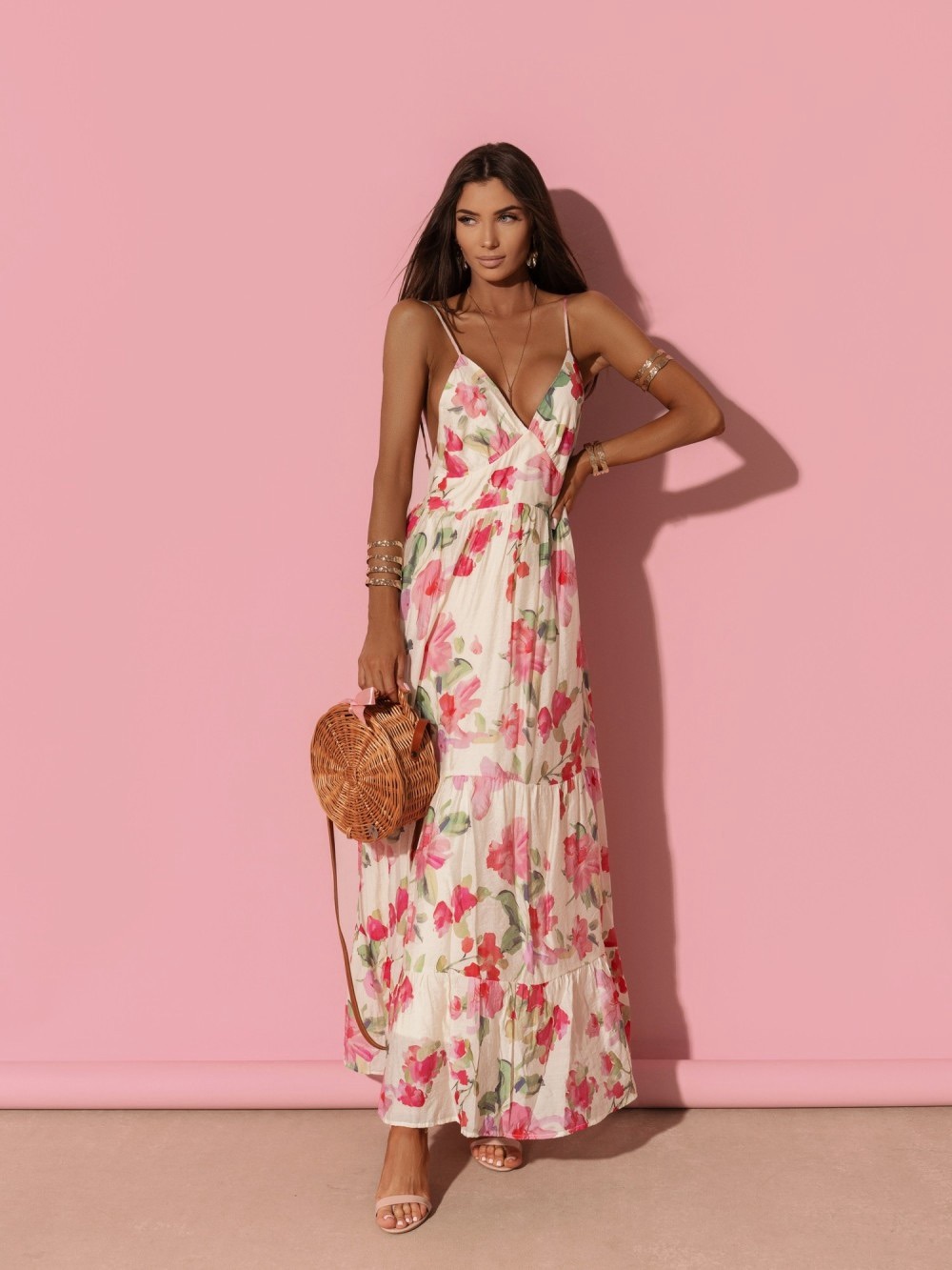 Floral Pink V-Neck Maxi Dress with Spaghetti Straps